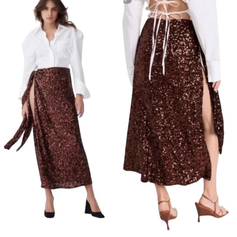 Atoir Teary Sequin Embellished Wrap Skirt Evening Statement Chocolate Size 4